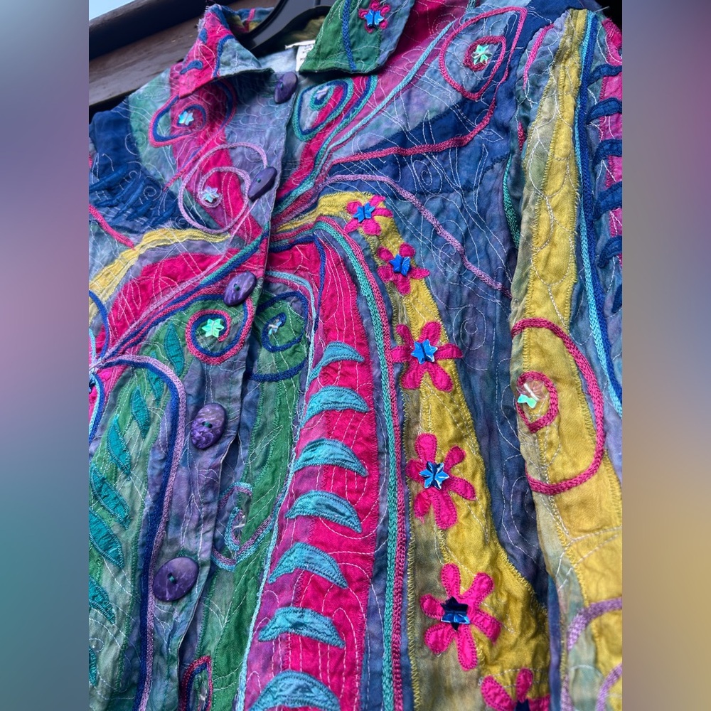 VINTAGE ANAGE Silk Appliqué Patchwork Jacket Lagenlook Art Wear 90s Funky Size M - Picture 4 of 16